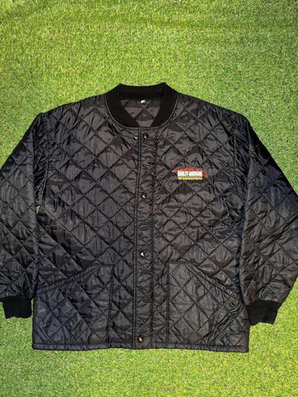 Harley-Davidson Quilted Bomber Jacket Winnipeg Size L Black Snap-Up